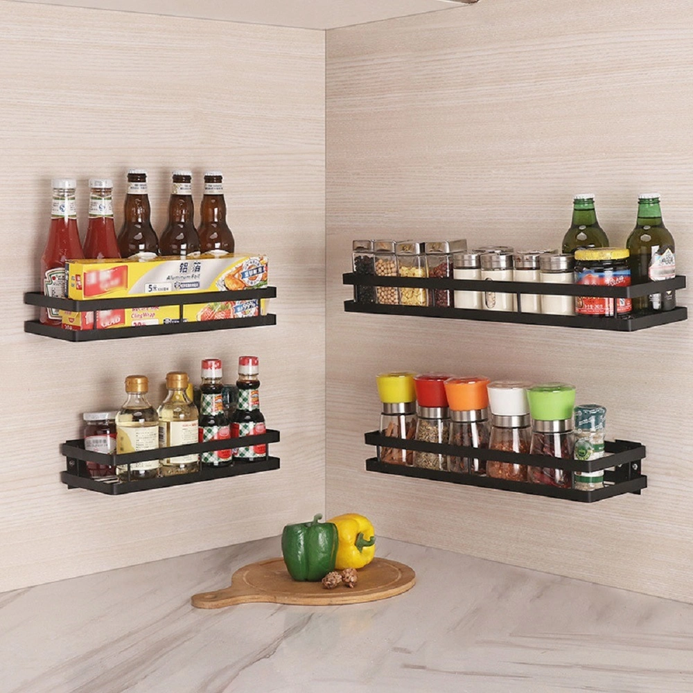 Kitchen Wall Shelf Storage Organizer Shelf Spice Rack Punch Free Storage Rack Silver Guardrail Bl17394