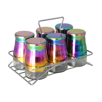 Regenbogenfarbenes Glas und Edelstahl, Gewürzaufbewahrung/Gläserregal, Arbeitsplatte, Kräuterorganisation für Zuhause und Küche, 6er-Set